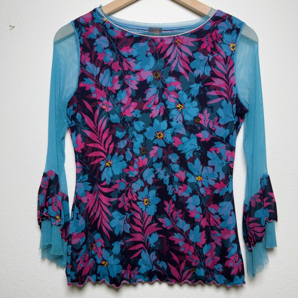 ANAC Women Mesh Rave Top Large Top Blue Floral Bell Sleeve Sheer Festival Fairy